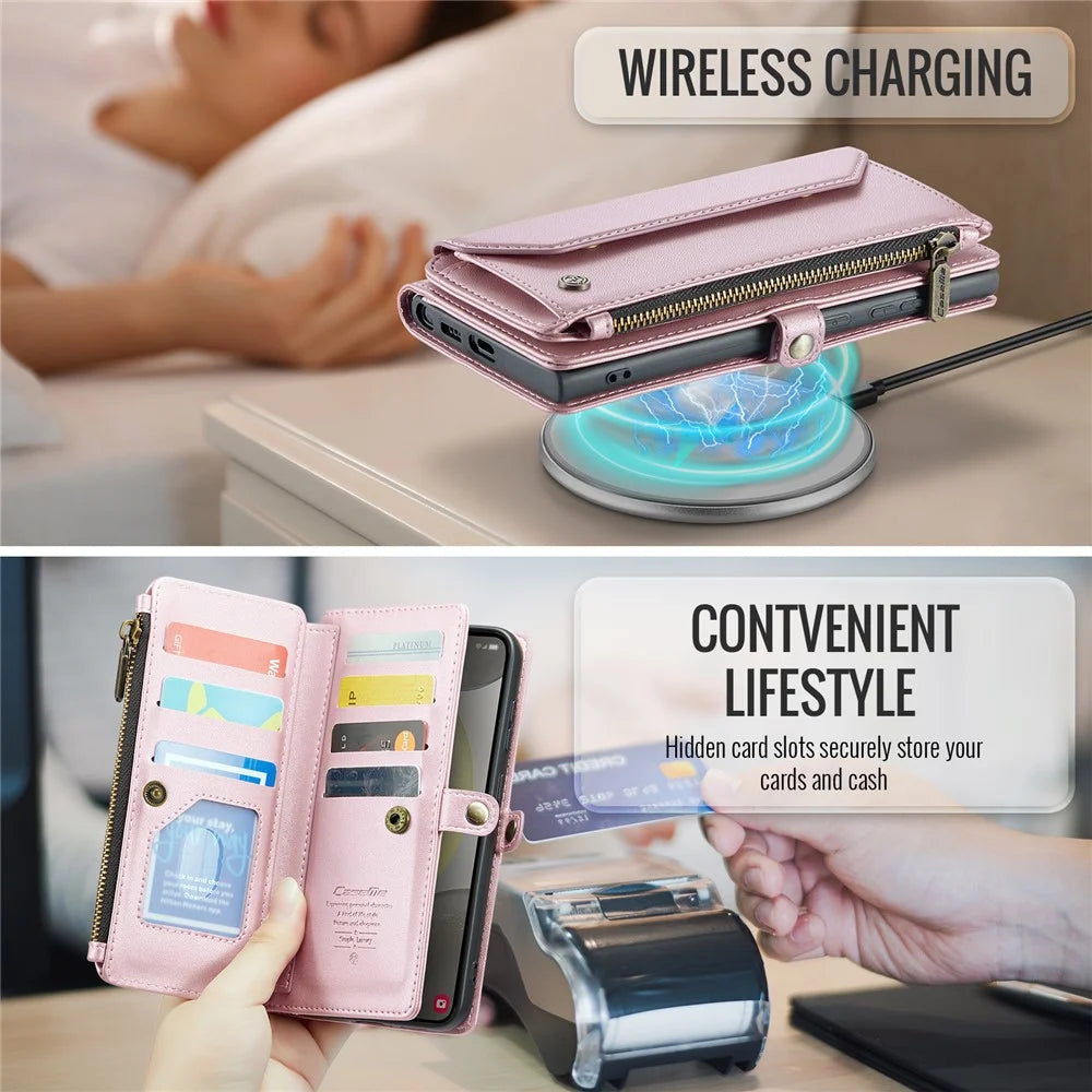 CASEME For Samsung Galaxy S25+ Leather Case  C36 Zipper Multiple Card Slots Phone Cover with Straps - Pink - 7