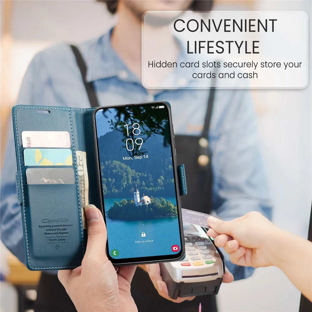 CASEME For Samsung Galaxy A36 5G Leather Case  023 RFID Blocking 3 Card Slot Mobile Cover - Blue - 5