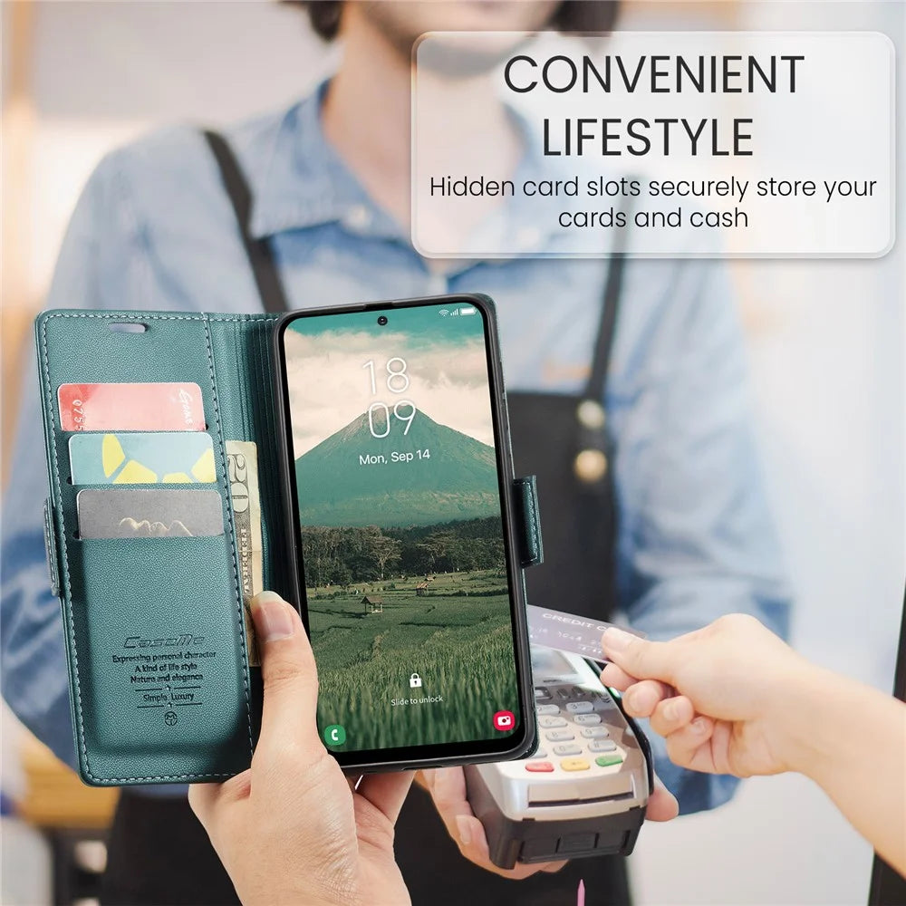 CASEME For Samsung Galaxy A56 5G Leather Case  023 RFID Blocking 3 Card Slot Mobile Cover - Green - 5