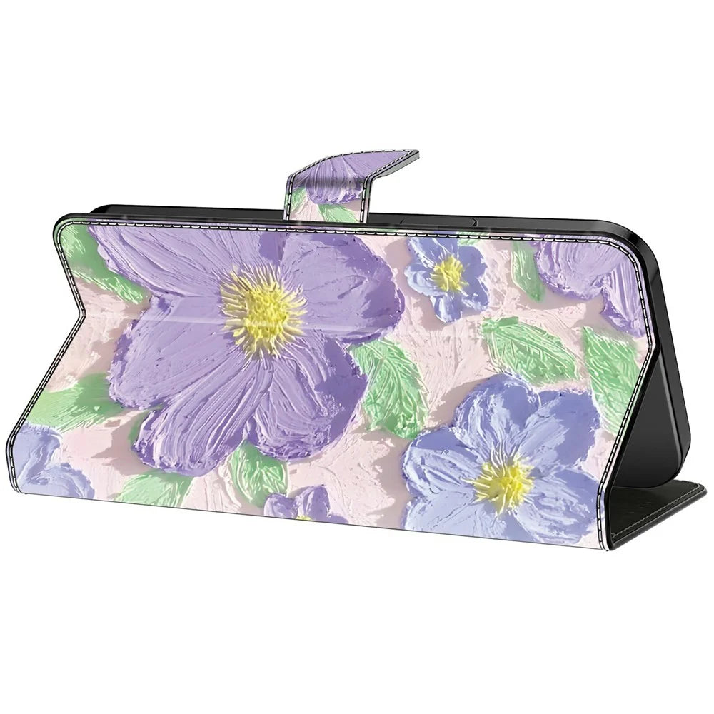 For iPhone 16 Plus Case Pattern Printing Anti-Drop Leather Flip Wallet Phone Cover - Oil Painting Purple Flowers - 4