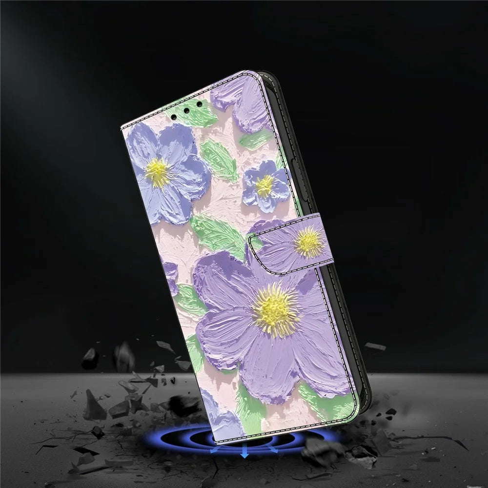 For iPhone 16 Plus Case Pattern Printing Anti-Drop Leather Flip Wallet Phone Cover - Oil Painting Purple Flowers - 5