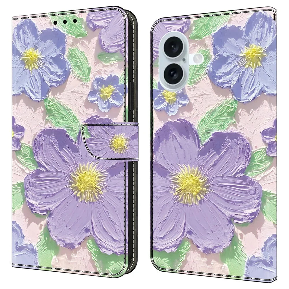 For iPhone 16 Case Pattern Printing Anti-Drop Leather Flip Wallet Phone Cover - Oil Painting Purple Flowers - 1