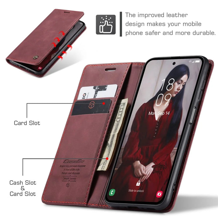 CASEME 013 Series For Samsung Galaxy A56 5G Case Card Holder Stand Leather Phone Cover - Red - 3