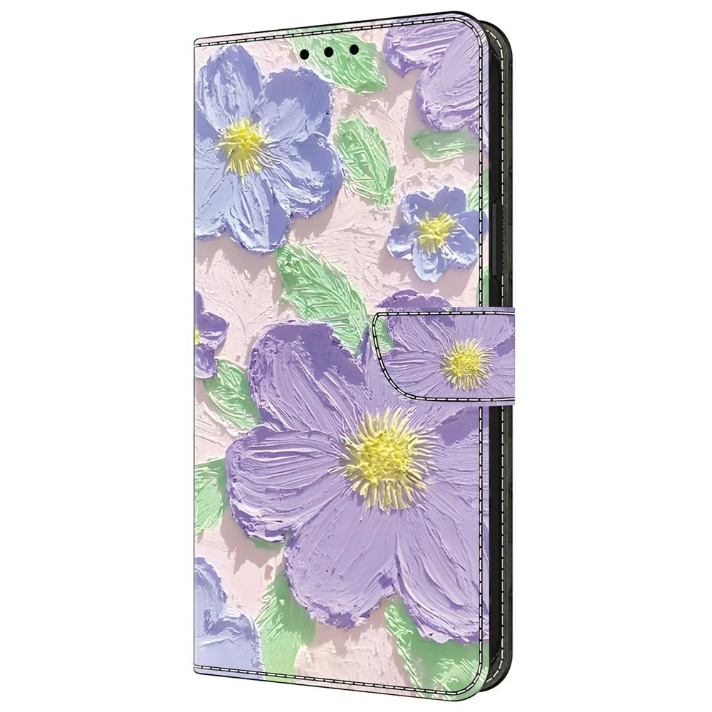 For iPhone 16 Pro Max Case Pattern Printing Anti-Drop Leather Flip Wallet Phone Cover - Oil Painting Purple Flowers - 7