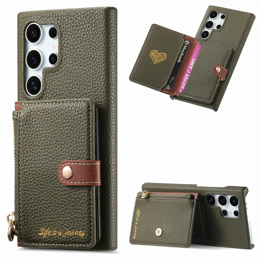 For Samsung Galaxy S25 Ultra Case with Zipper Card Holder Kickstand Litchi Grain Leather Back Cover - Army Green - 1