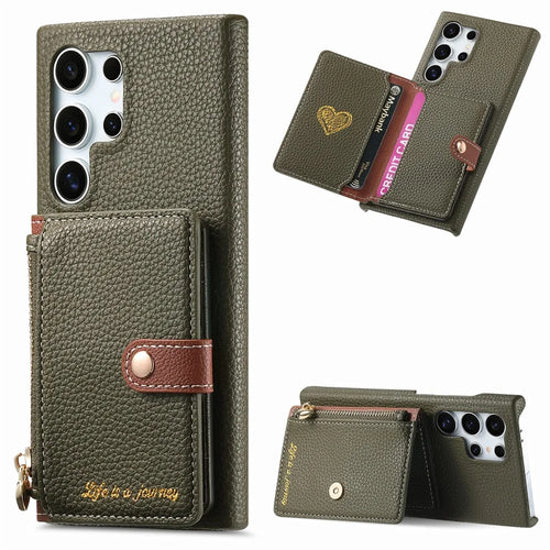 For Samsung Galaxy S25 Ultra Case with Zipper Card Holder Kickstand Litchi Grain Leather Back Cover - Army Green - 1