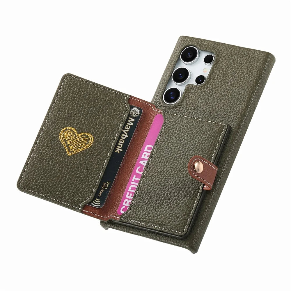 For Samsung Galaxy S25 Ultra Case with Zipper Card Holder Kickstand Litchi Grain Leather Back Cover - Army Green - 2