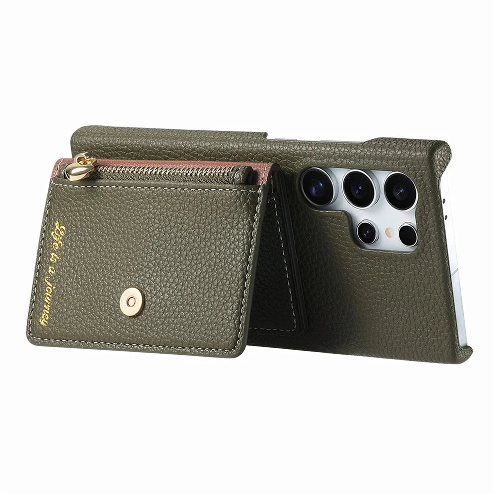 For Samsung Galaxy S25 Ultra Case with Zipper Card Holder Kickstand Litchi Grain Leather Back Cover - Army Green - 3