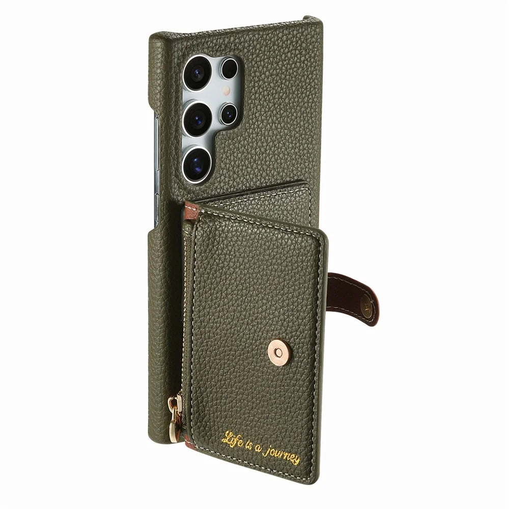 For Samsung Galaxy S25 Ultra Case with Zipper Card Holder Kickstand Litchi Grain Leather Back Cover - Army Green - 4