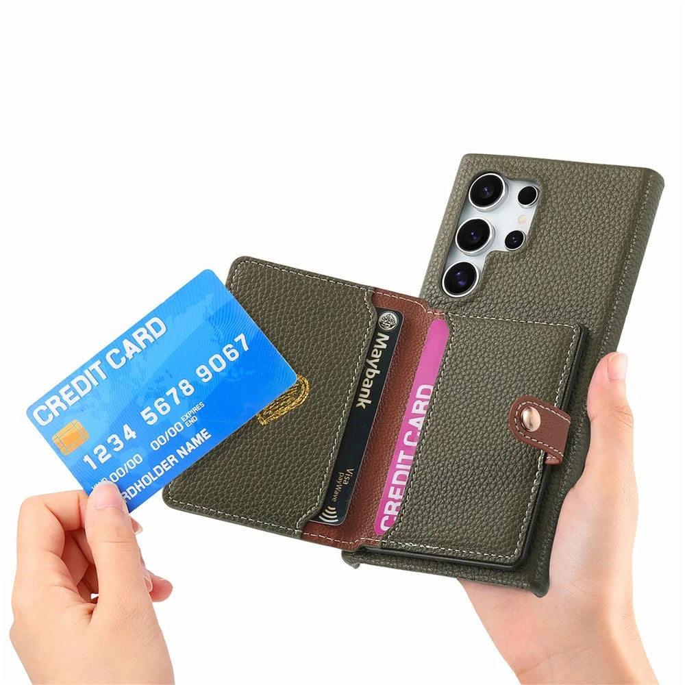 For Samsung Galaxy S25 Ultra Case with Zipper Card Holder Kickstand Litchi Grain Leather Back Cover - Army Green - 5