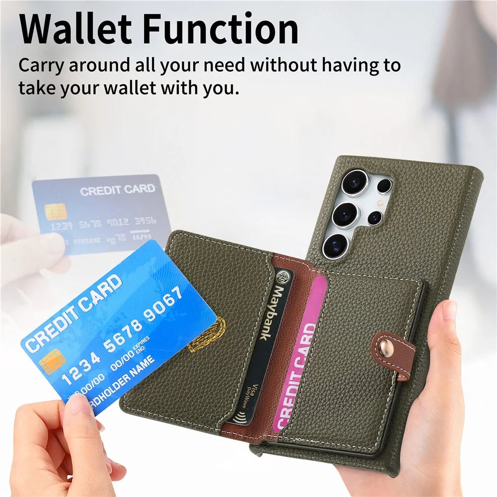 For Samsung Galaxy S25 Ultra Case with Zipper Card Holder Kickstand Litchi Grain Leather Back Cover - Army Green - 6