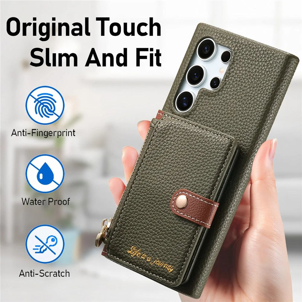 For Samsung Galaxy S25 Ultra Case with Zipper Card Holder Kickstand Litchi Grain Leather Back Cover - Army Green - 7