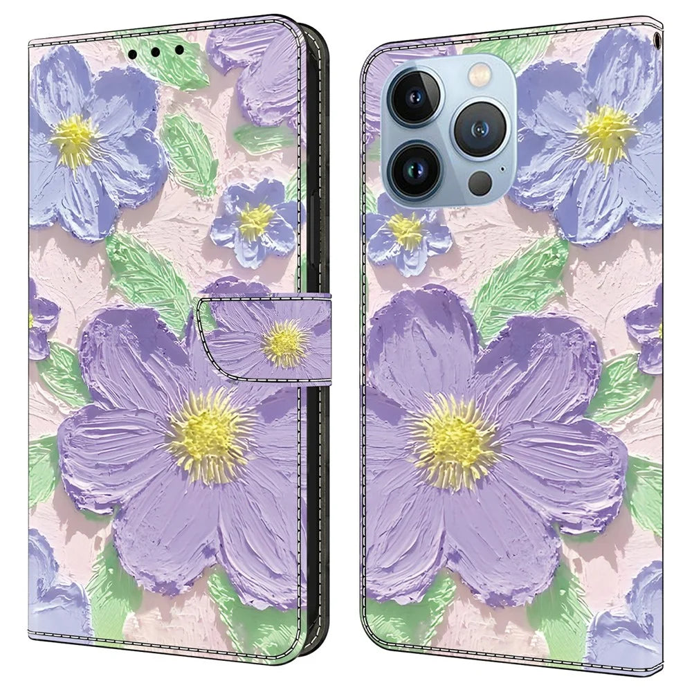 For iPhone 16 Pro Case Pattern Printing Anti-Drop Leather Flip Wallet Phone Cover - Oil Painting Purple Flowers - 1