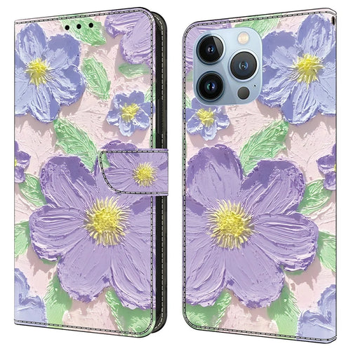 For iPhone 16 Pro Case Pattern Printing Anti-Drop Leather Flip Wallet Phone Cover - Oil Painting Purple Flowers - 1