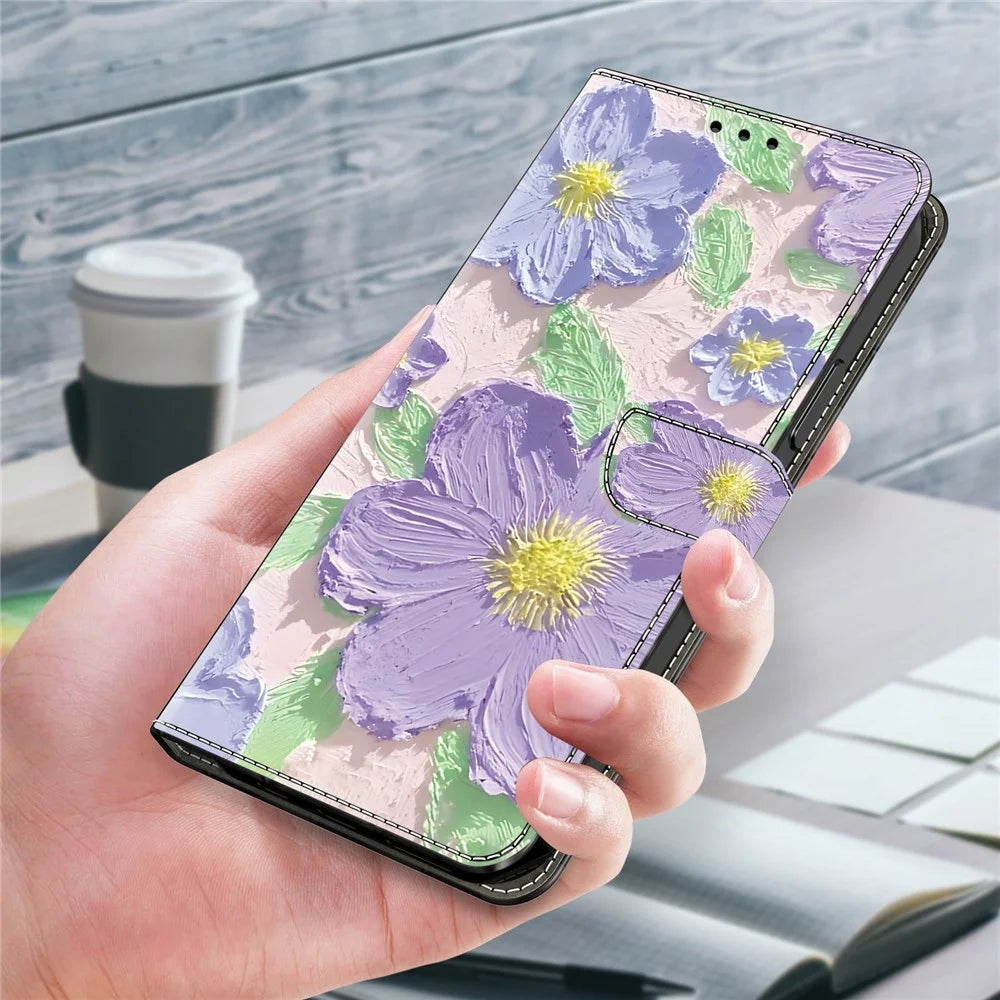 For iPhone 16 Pro Case Pattern Printing Anti-Drop Leather Flip Wallet Phone Cover - Oil Painting Purple Flowers - 6