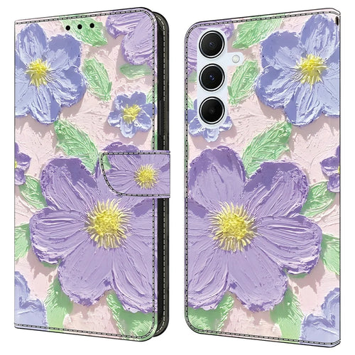 For Samsung Galaxy A56 5G  /  A36 5G Case Pattern Printing Anti-Drop Leather Flip Wallet Phone Cover - Oil Painting Purple Flowers - 1