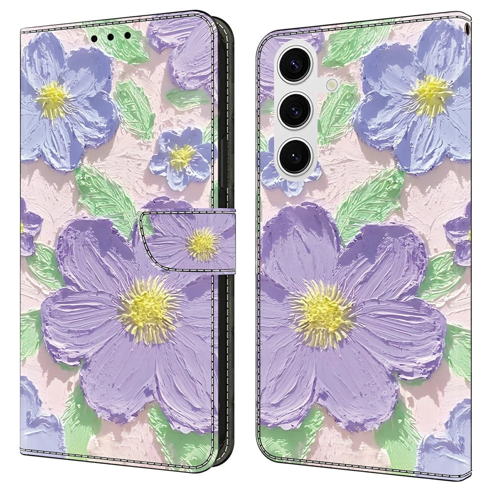 For Samsung Galaxy S25  /  S24 Case Pattern Printing Anti-Drop Leather Flip Wallet Phone Cover - Oil Painting Purple Flowers - 1