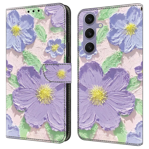 For Samsung Galaxy S25+  /  S24+ Case Pattern Printing Anti-Drop Leather Flip Wallet Phone Cover - Oil Painting Purple Flowers - 1