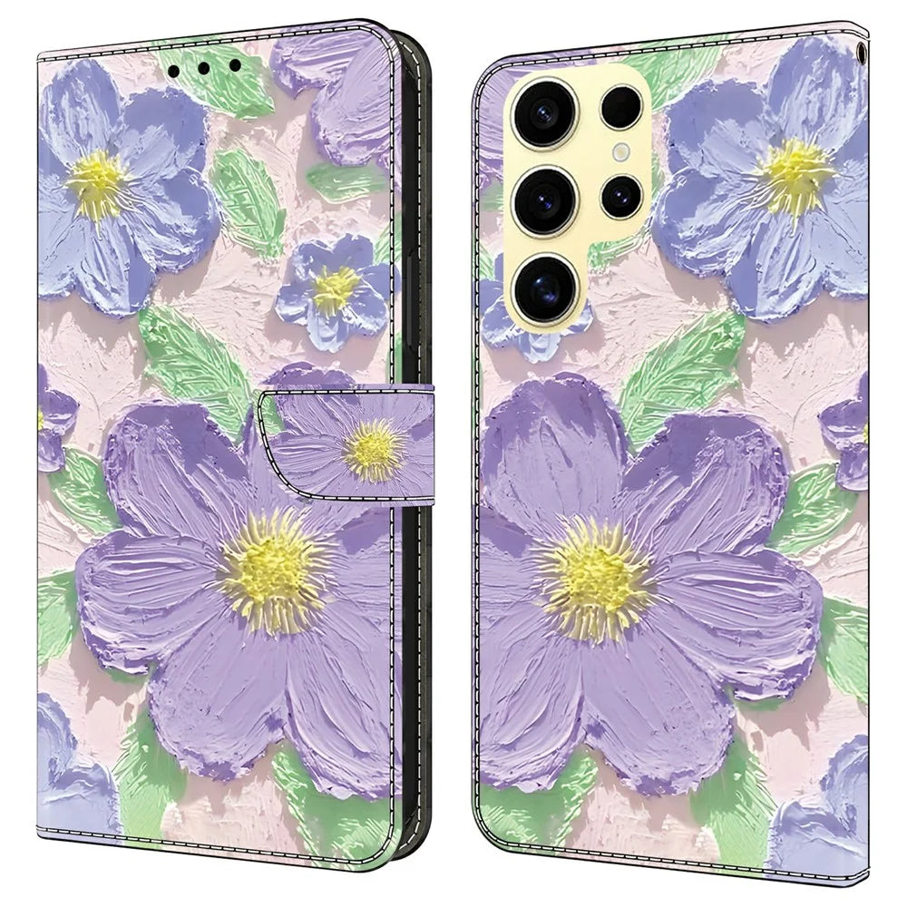 For Samsung Galaxy S24 Ultra Case Pattern Printing Anti-Drop Leather Flip Wallet Phone Cover - Oil Painting Purple Flowers - 1