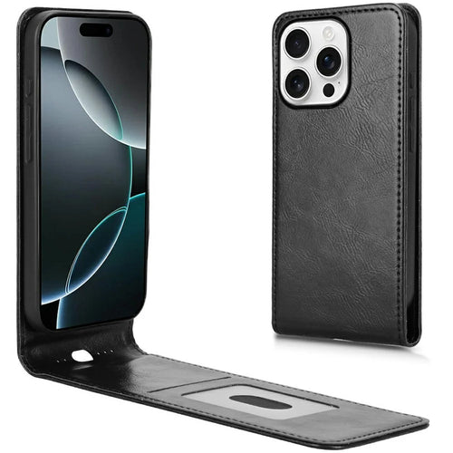 For iPhone 16 Pro Max Case with Card Slot Magnetic Vertical Flip Leather Phone Cover - Black - 1