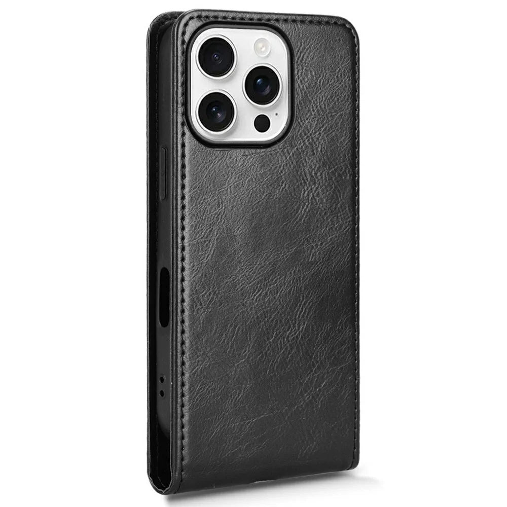 For iPhone 16 Pro Max Case with Card Slot Magnetic Vertical Flip Leather Phone Cover - Black - 3