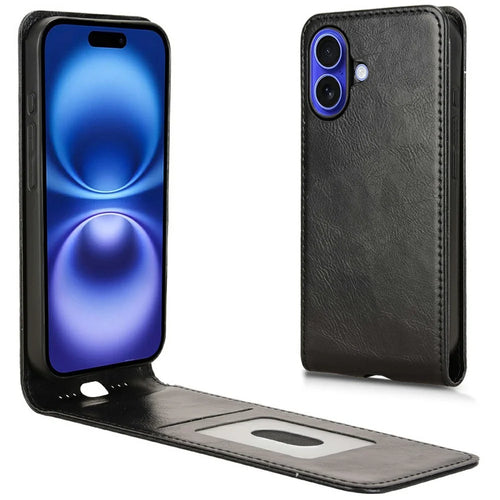 For iPhone 16 Case with Card Slot Magnetic Vertical Flip Leather Phone Cover - Black - 1