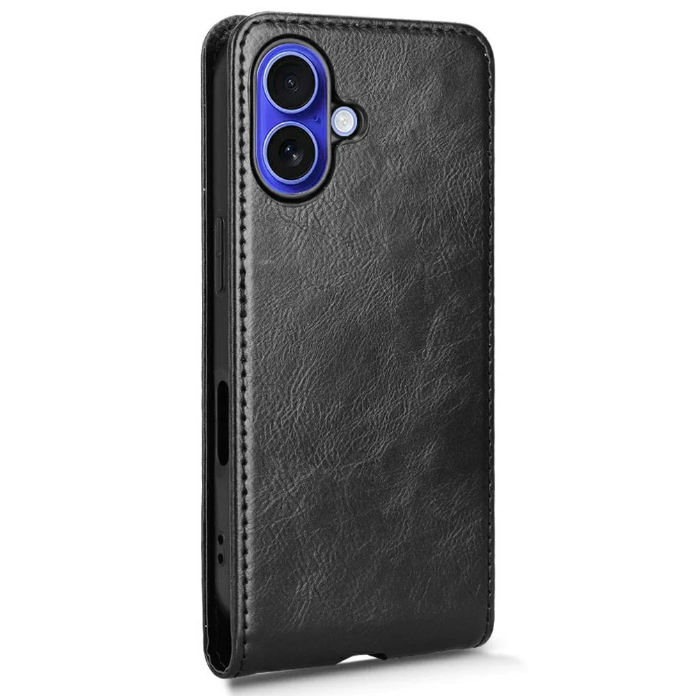 For iPhone 16 Case with Card Slot Magnetic Vertical Flip Leather Phone Cover - Black - 3