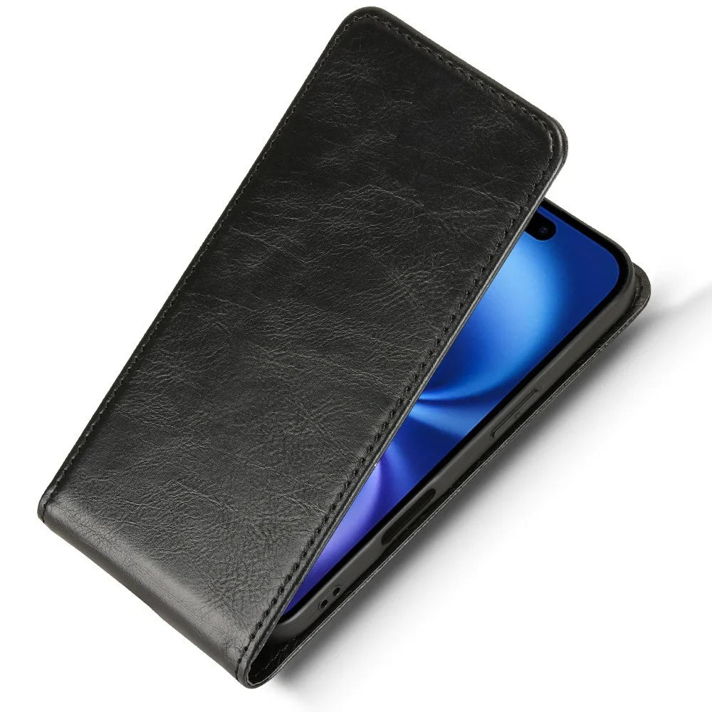 For iPhone 16 Case with Card Slot Magnetic Vertical Flip Leather Phone Cover - Black - 5