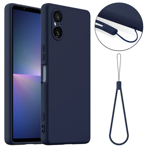 For Sony Xperia 5 V Magnetic Case Liquid Silicone Phone Cover with Lanyard - Dark Blue - 1