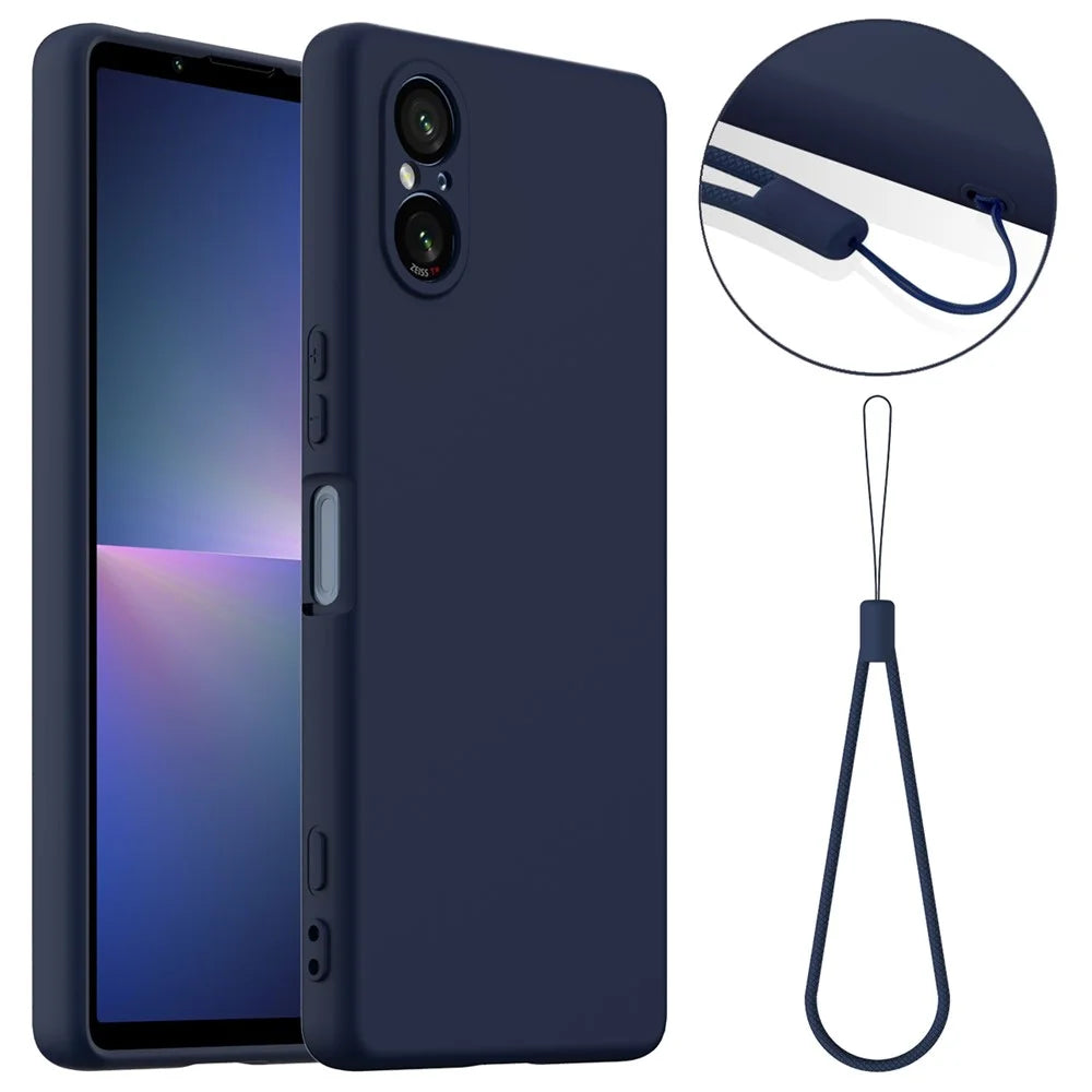 For Sony Xperia 5 V Magnetic Case Liquid Silicone Phone Cover with Lanyard - Dark Blue - 1