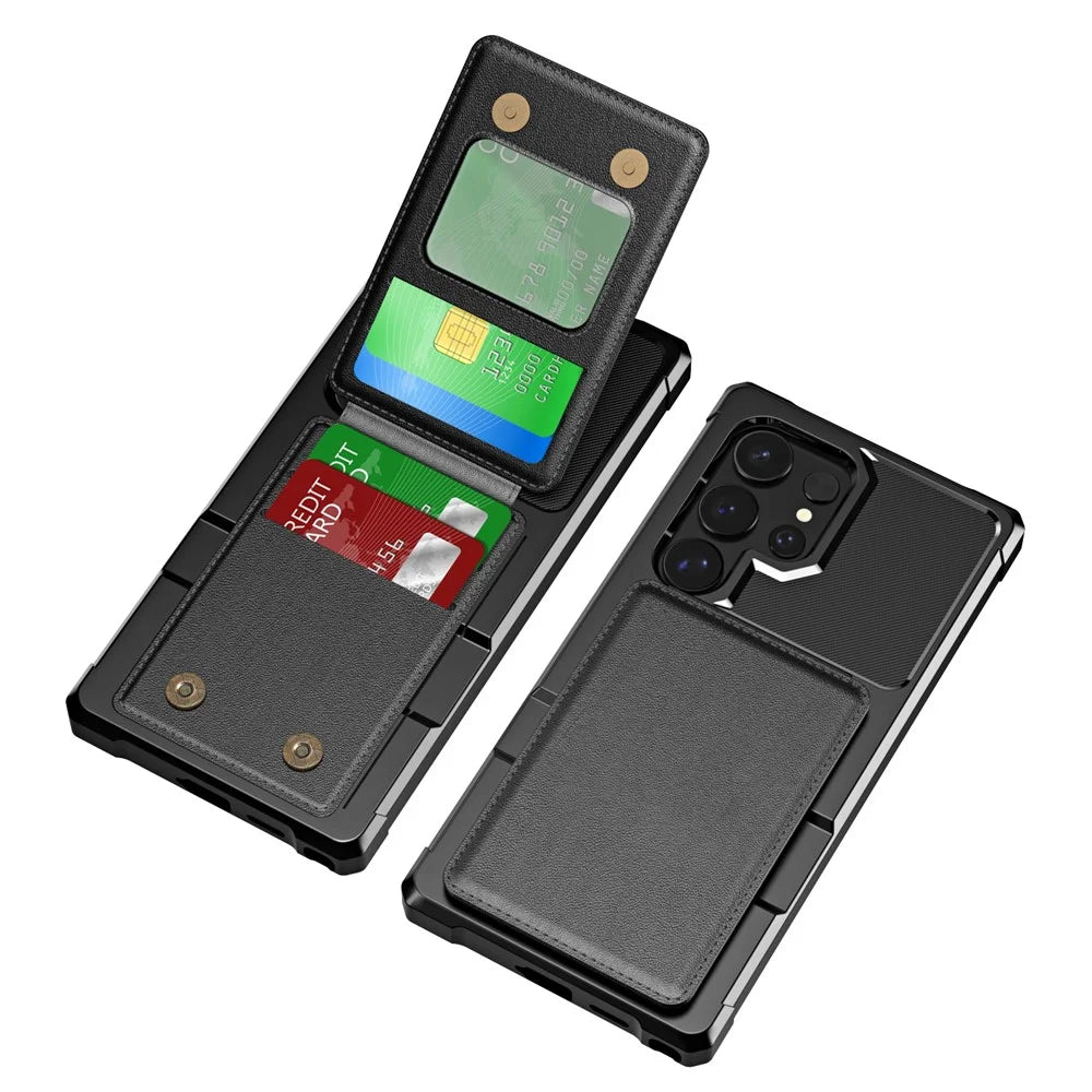For Samsung Galaxy S25 Ultra Case with Card Slot Kickstand PU Leather + TPU Phone Cover - Black - 2