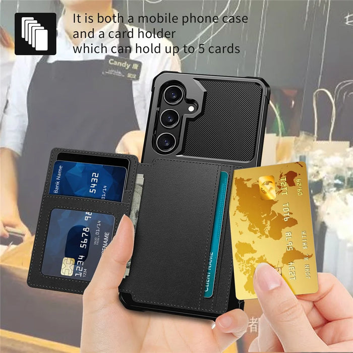 For Samsung Galaxy S25 / S24 Case with Card Holder PU Leather + TPU Phone Back Cover - Black - 5