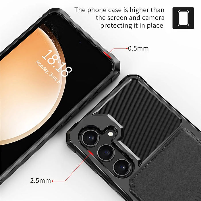 For Samsung Galaxy S25 / S24 Case with Card Holder PU Leather + TPU Phone Back Cover - Black - 6
