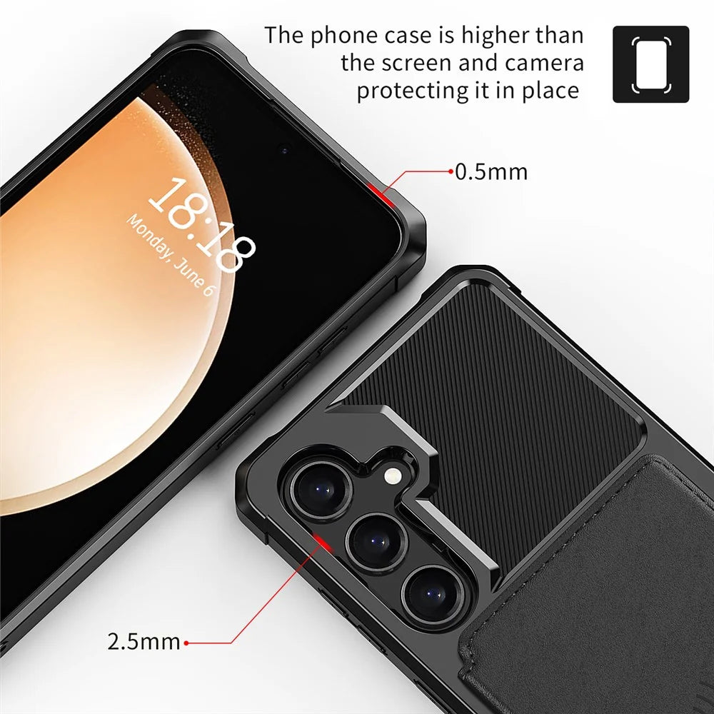For Samsung Galaxy S25+ / S24+ Case with Card Holder PU Leather + TPU Phone Back Cover - Black - 6