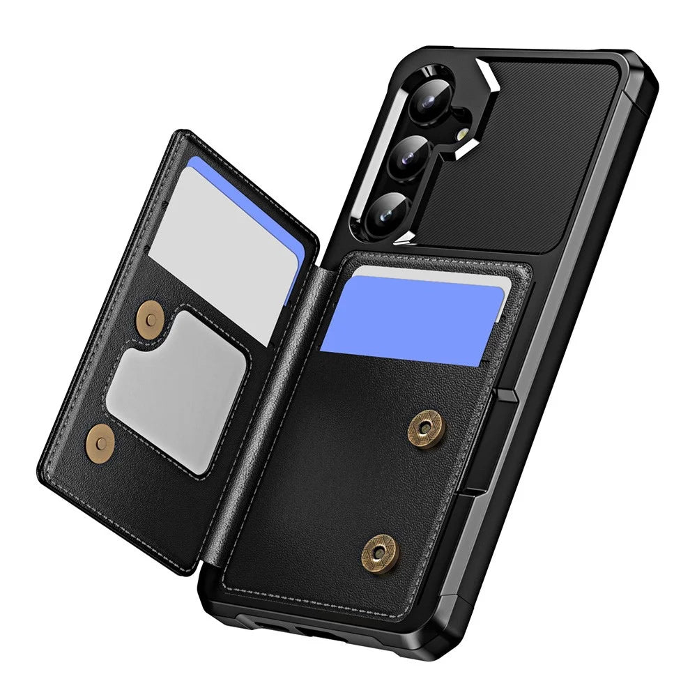 For Samsung Galaxy S25+ / S24+ Case Card Slot Kickstand Leather + TPU Reinforced Corner Phone Cover - Black - 2