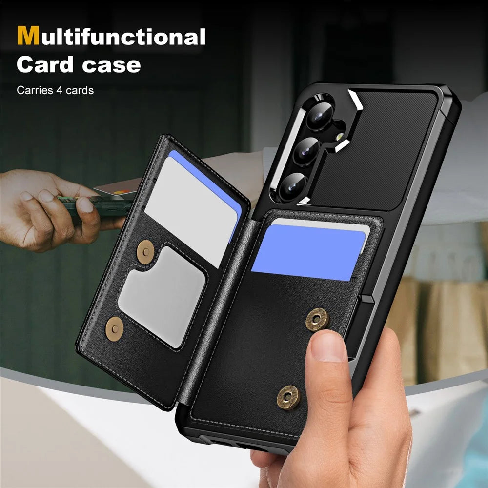 For Samsung Galaxy S25+ / S24+ Case Card Slot Kickstand Leather + TPU Reinforced Corner Phone Cover - Black - 3