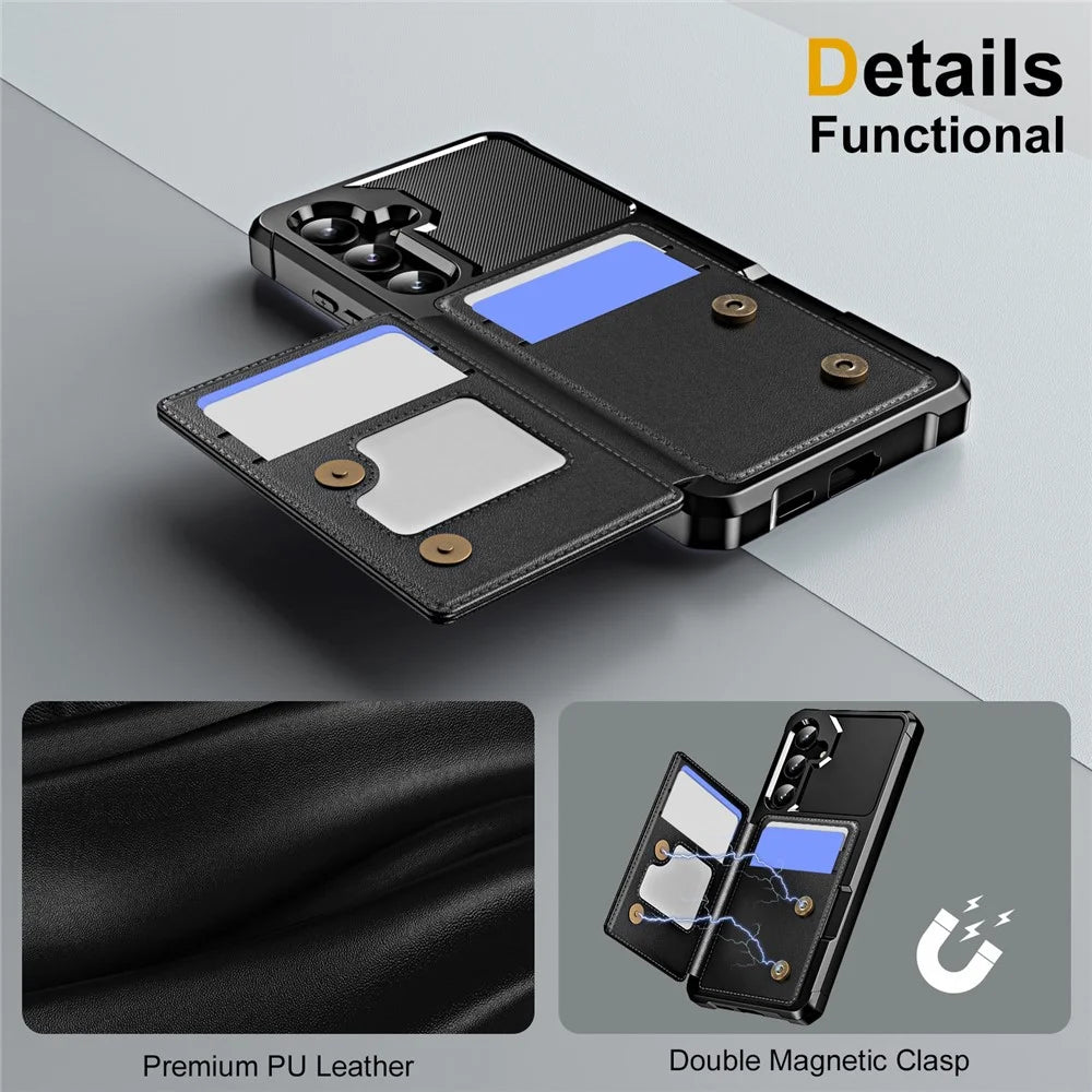 For Samsung Galaxy S25+ / S24+ Case Card Slot Kickstand Leather + TPU Reinforced Corner Phone Cover - Black - 6