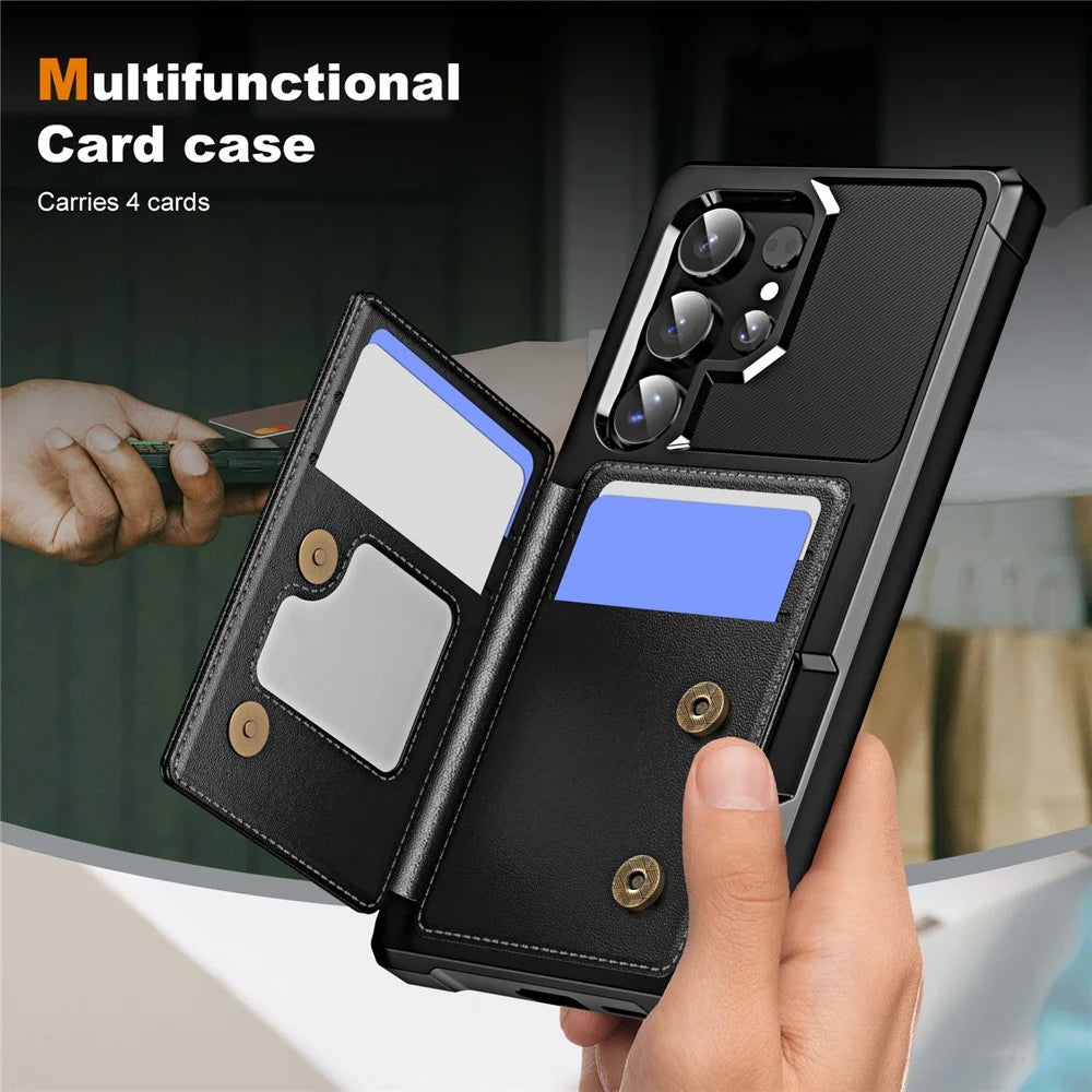 For Samsung Galaxy S25 Ultra Case Card Slot Kickstand Leather + TPU Reinforced Corner Phone Cover - Black - 3