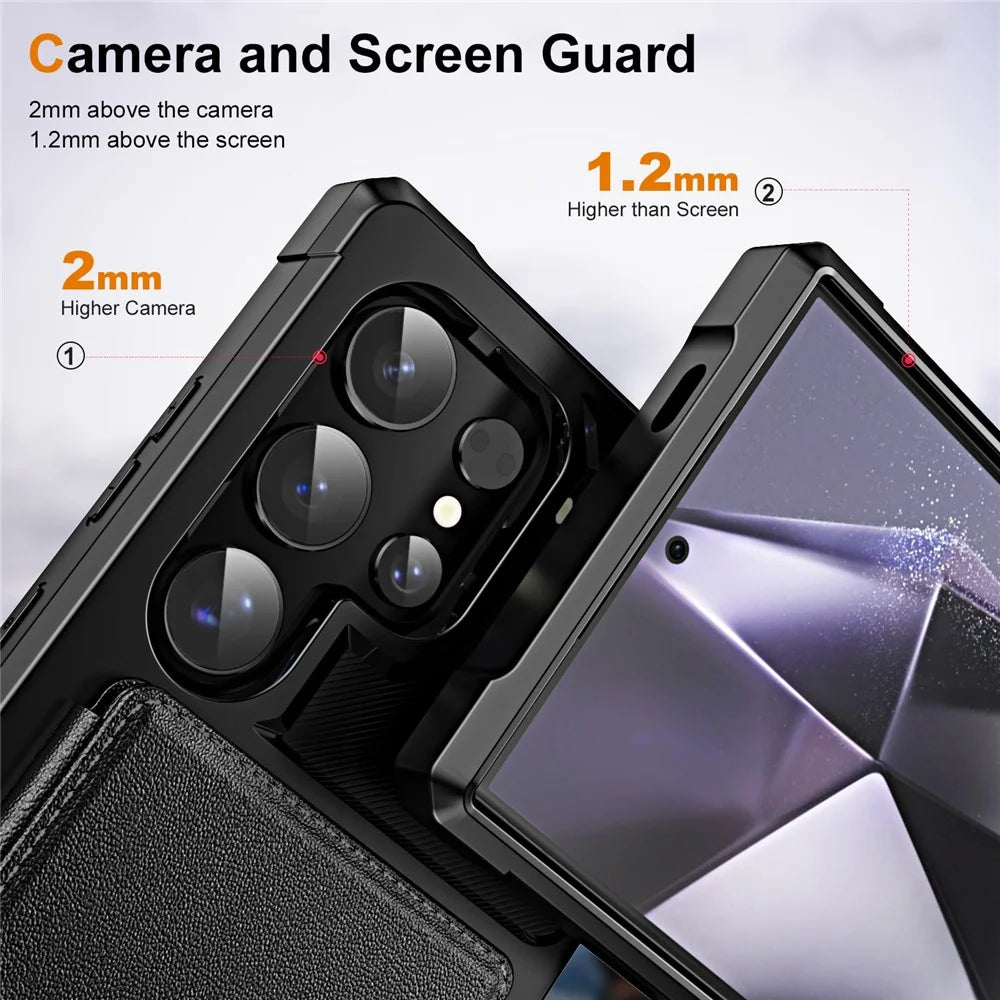 For Samsung Galaxy S25 Ultra Case Card Slot Kickstand Leather + TPU Reinforced Corner Phone Cover - Black - 4