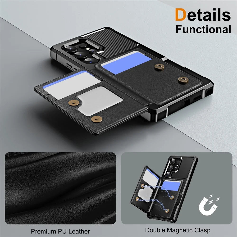 For Samsung Galaxy S25 Ultra Case Card Slot Kickstand Leather + TPU Reinforced Corner Phone Cover - Black - 6