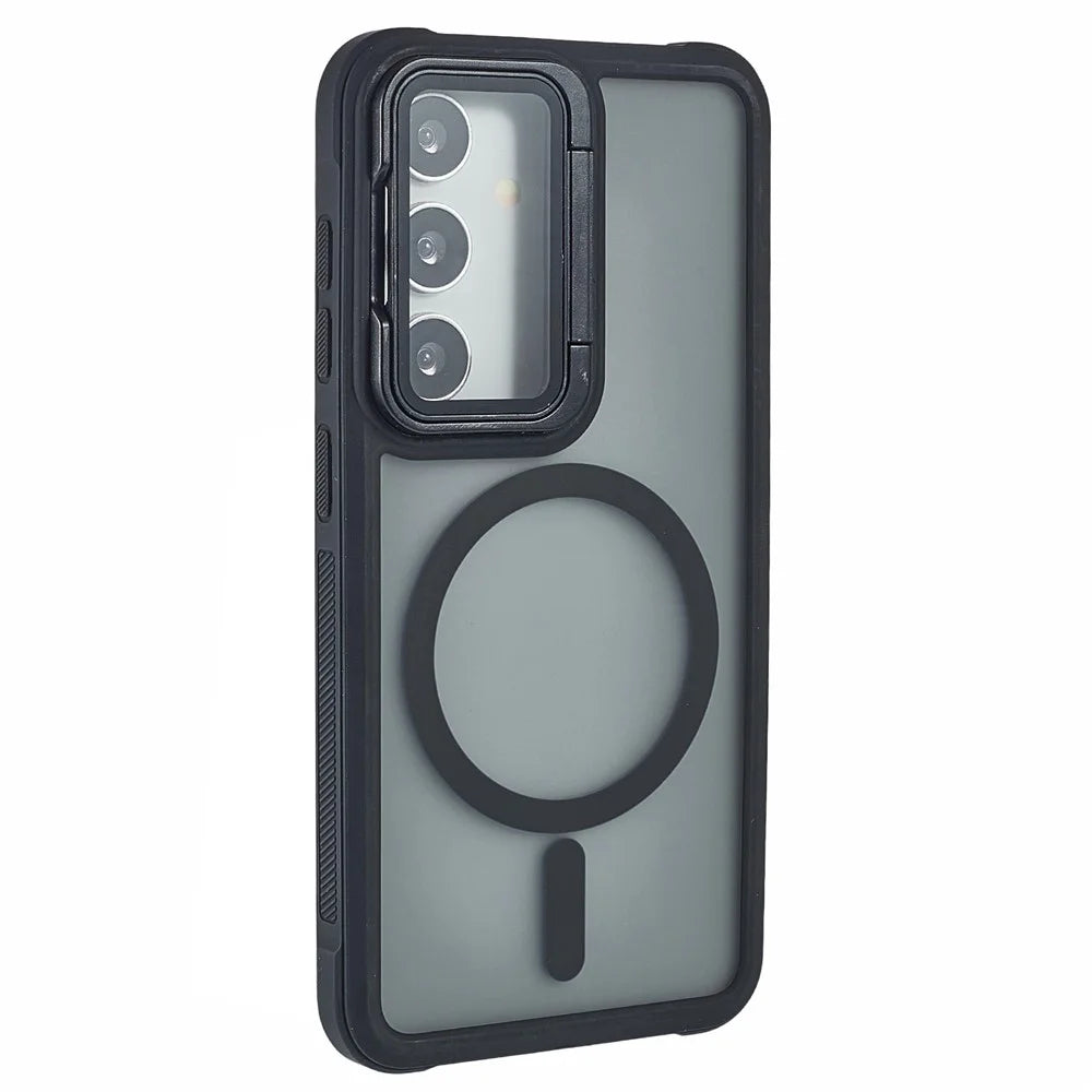 For Samsung Galaxy S25+ / S24+ Magnetic Case Lens Cover Kickstand Matte Back Cover - Black - 1