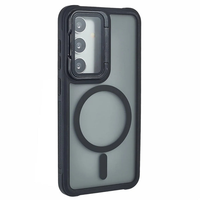 For Samsung Galaxy S25+ / S24+ Magnetic Case Lens Cover Kickstand Matte Back Cover - Black - 1