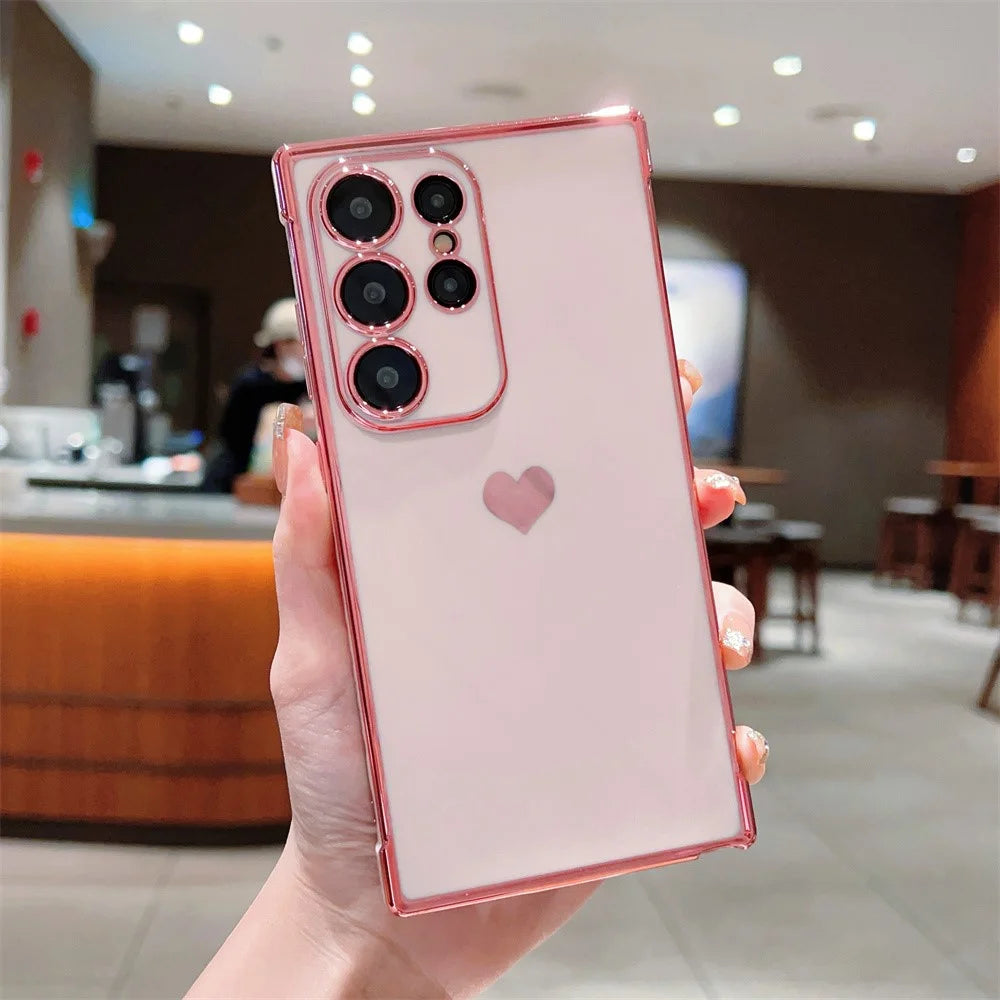 For Samsung Galaxy S25 Ultra Case TPU Phone Back Cover Electroplating Heart Pattern - Rose Pink - 1