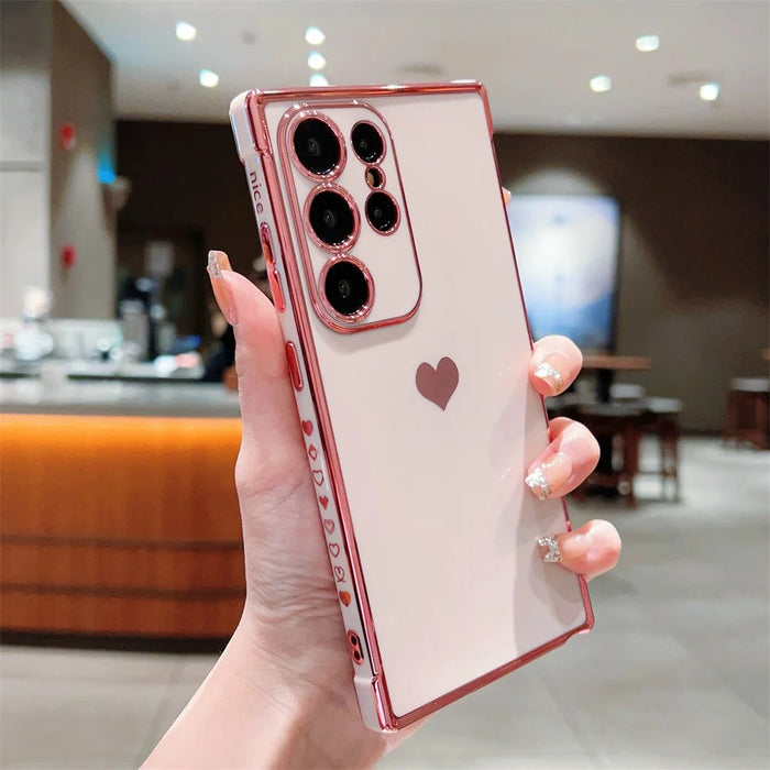 For Samsung Galaxy S25 Ultra Case TPU Phone Back Cover Electroplating Heart Pattern - Rose Pink - 2
