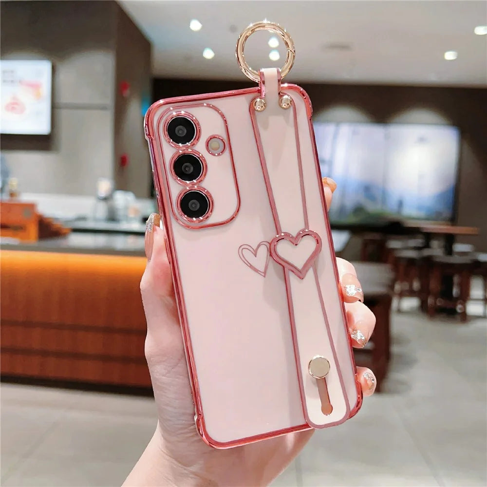 For Samsung Galaxy A55 5G Case Electroplated Heart Pattern TPU Phone Back Cover with Wristband Kickstand - Pink - 1