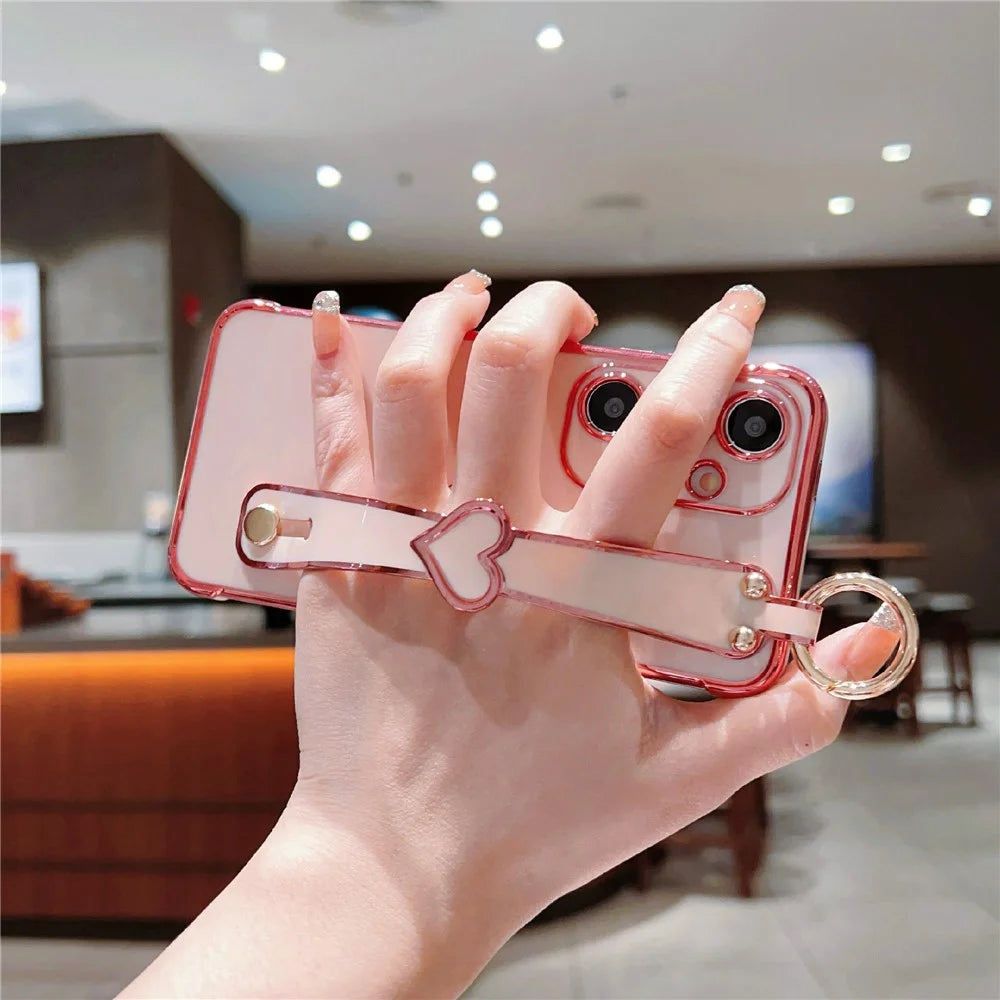 For Samsung Galaxy S24 FE Case Electroplated Heart Pattern TPU Phone Back Cover with Wristband Kickstand - Pink - 3