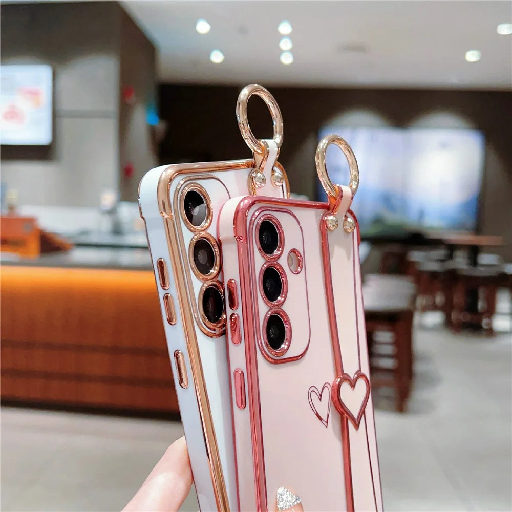 For Samsung Galaxy S24 FE Case Electroplated Heart Pattern TPU Phone Back Cover with Wristband Kickstand - Pink - 5