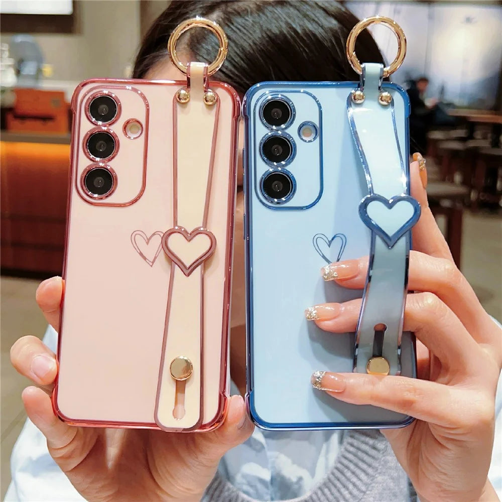For Samsung Galaxy S24 FE Case Electroplated Heart Pattern TPU Phone Back Cover with Wristband Kickstand - Pink - 7