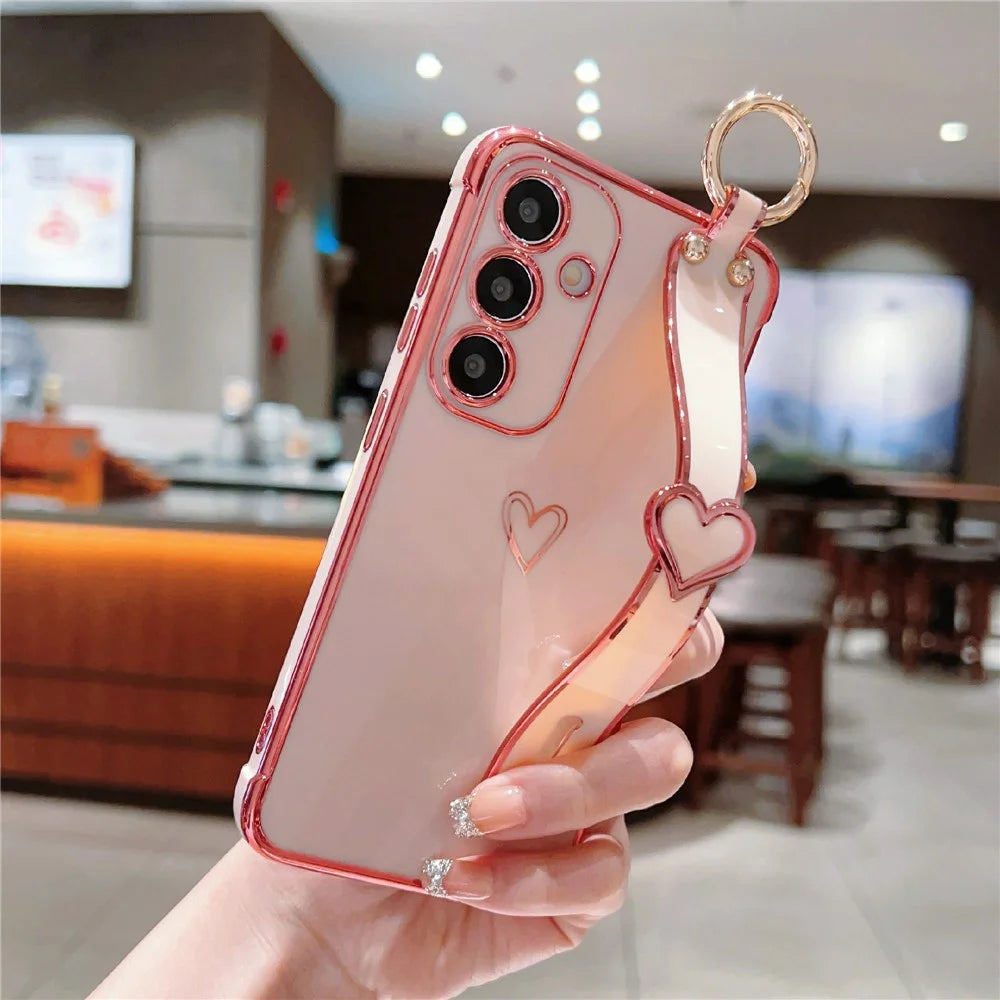 For Samsung Galaxy S25 Case Electroplated Heart Pattern TPU Phone Back Cover with Wristband Kickstand - Pink - 2
