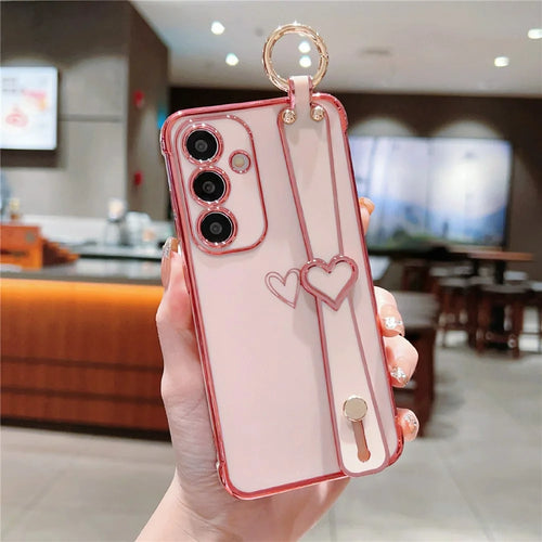For Samsung Galaxy S25+ Case Electroplated Heart Pattern TPU Phone Back Cover with Wristband Kickstand - Pink - 1